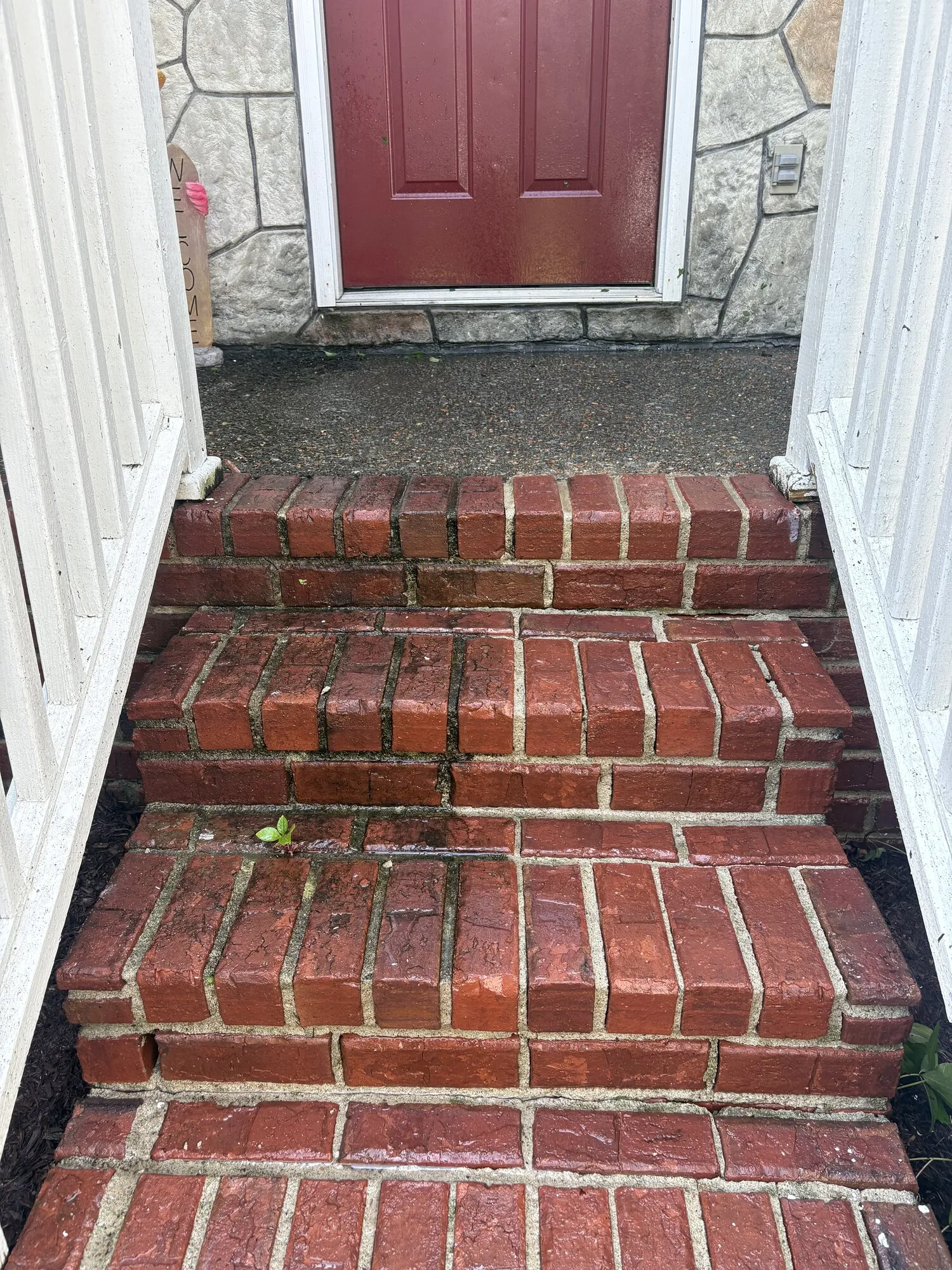 Brick entry steps partly pressure washed: the left side still dirty, the right side clean